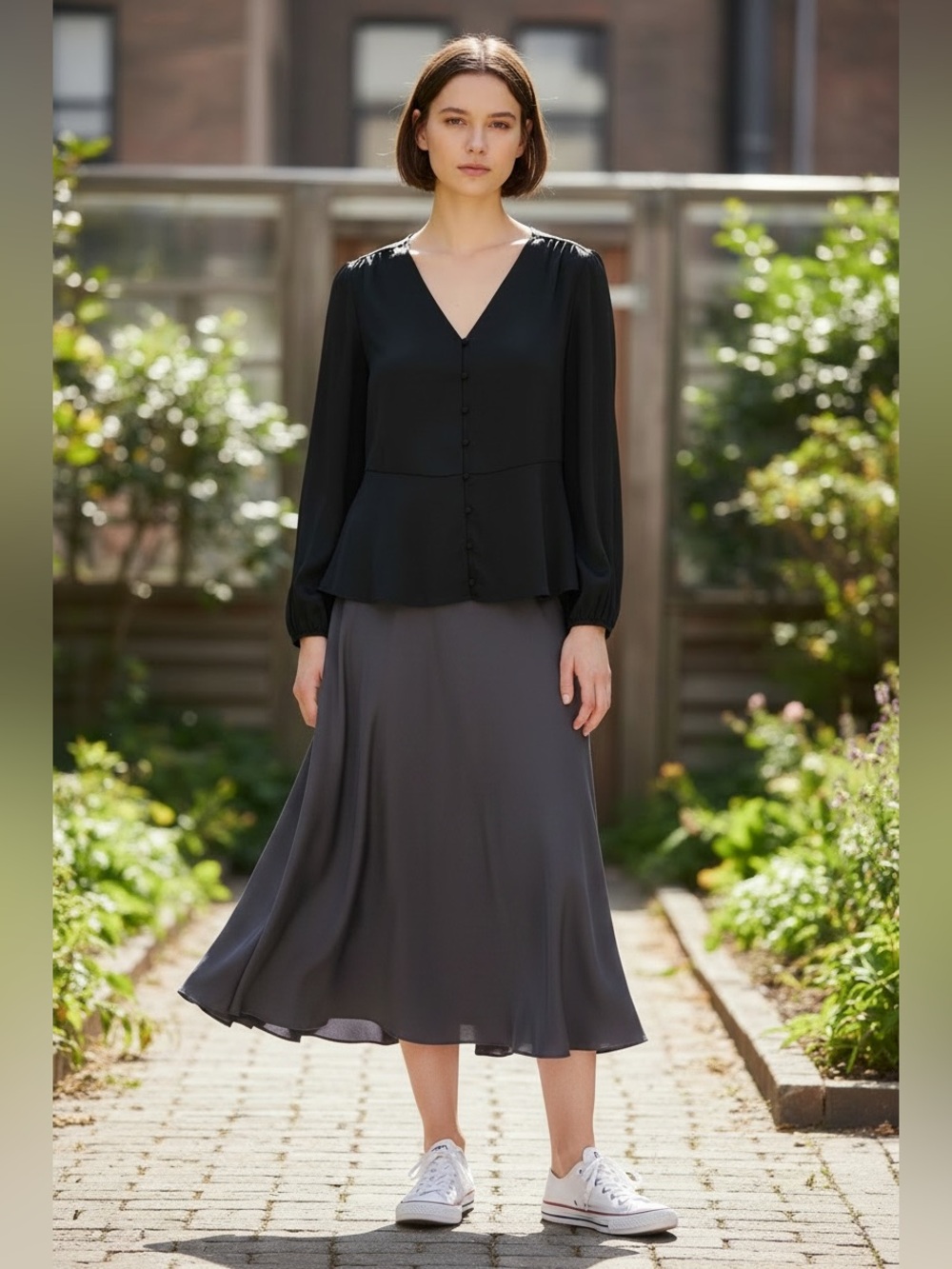 Time and Tru Black Button-Front Blouse